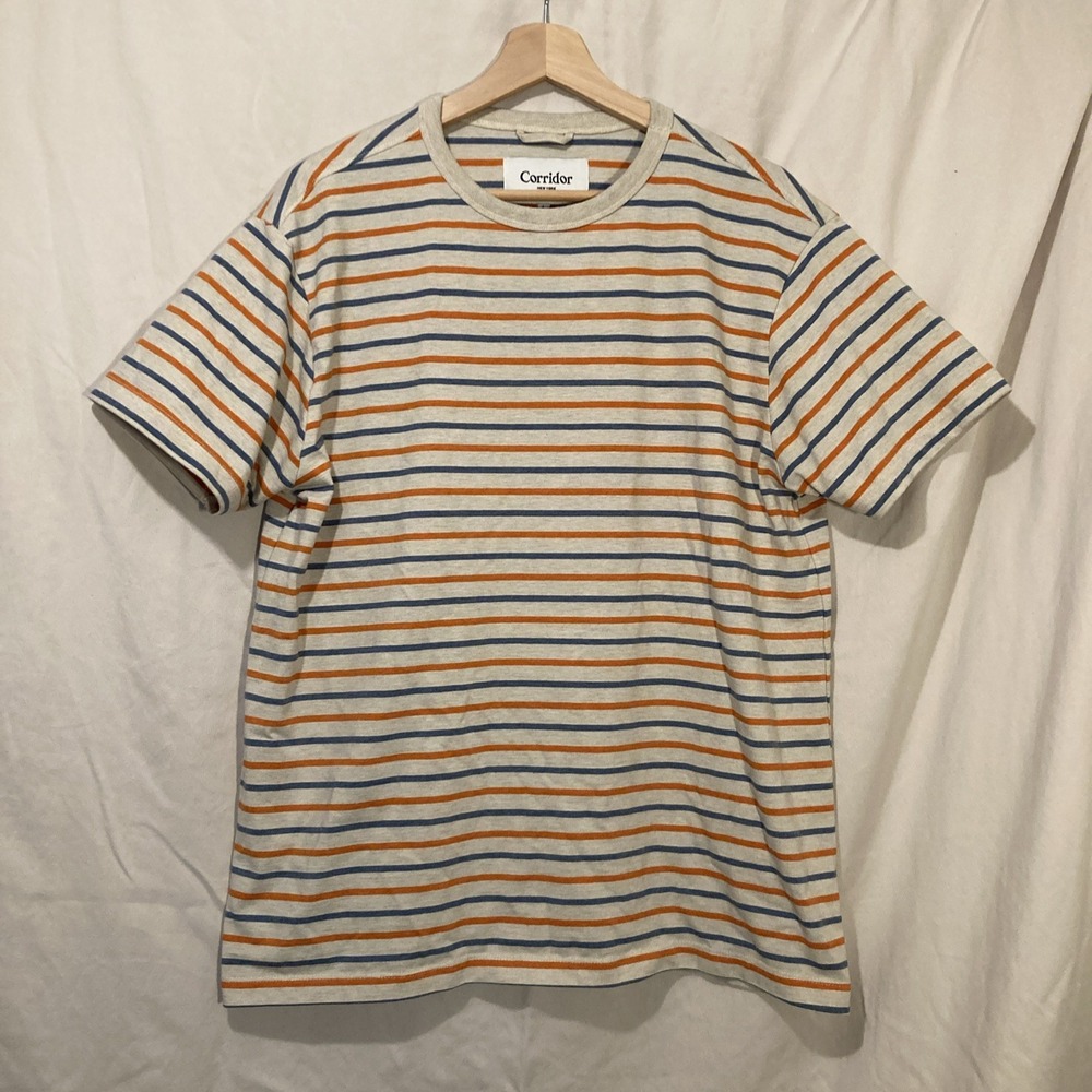 Corridor Men's Striped T-Shirt Oatmeal Blue Orange L Cotton Crewneck Tee